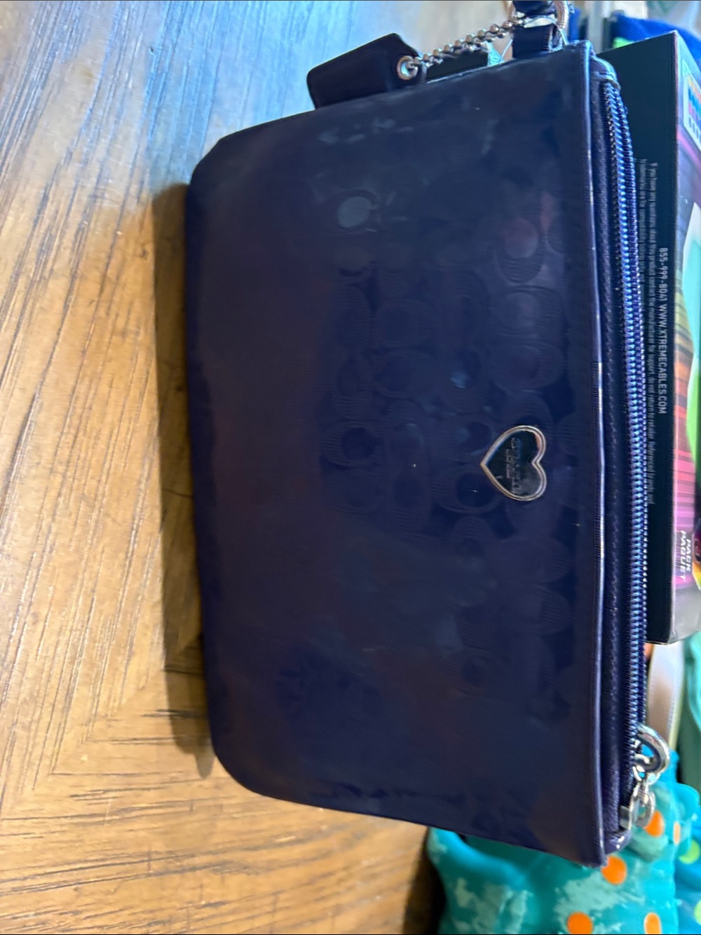 Coach Navy Signature Heart Zip Wristlet with Wrist Strap